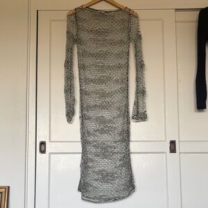 Agnes B. Silver mesh long tight dress. Slits on either side of about 14 inches.